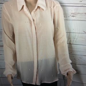 LC pale pink pearl embellished sheer blouse